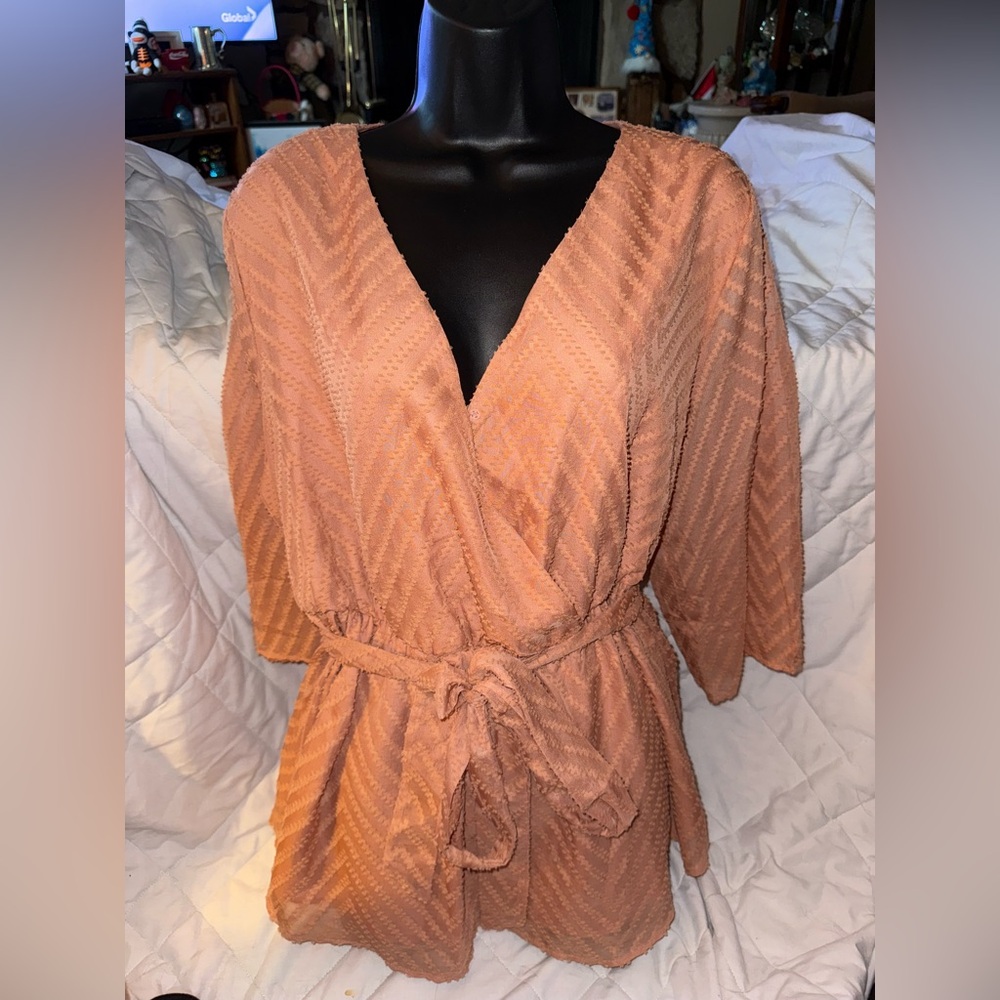 Bloomchic Brand New Zigzag Flock Dot Tie Waist Blouse